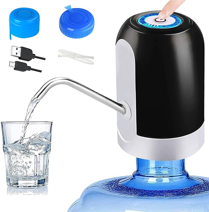 CHIVENIDO 5 Gallon Water Dispenser - Water Bottle Pump with Reusable Caps for Screw Top or Crown Tops, USB Charging Water Jug Dispenser for Universal 2-5 Gallon Bottle
