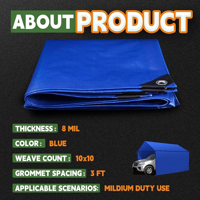 RAINDEWAY Tarps 30x30 Feet,8 Mil Blue Large Tarp,UV Resistant,Durable,Multipurpose Waterproof Poly Tarp Cover with Metal Grommets and Reinforced Edges