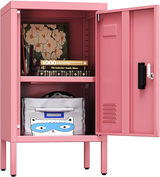 24.4" H Metal Locker Storage Cabinet with Adjustable Shelf, 1 Door Small Storage Cabinet with Adjustable Leveling Foot for Home,Office, Kids Locker,Assembly Required,Pink