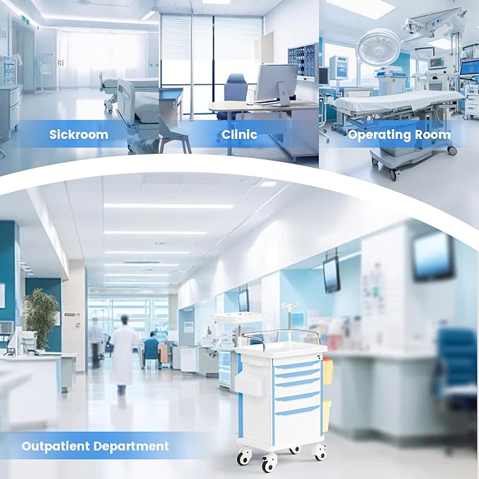 Medical Crash Cart with Emergency Accessory-CPR Board, IV Pole, O2 Holder, Trash Bin, 5 Drawers Nursing Cart with Dividers for Hospital, Clinic, Lab