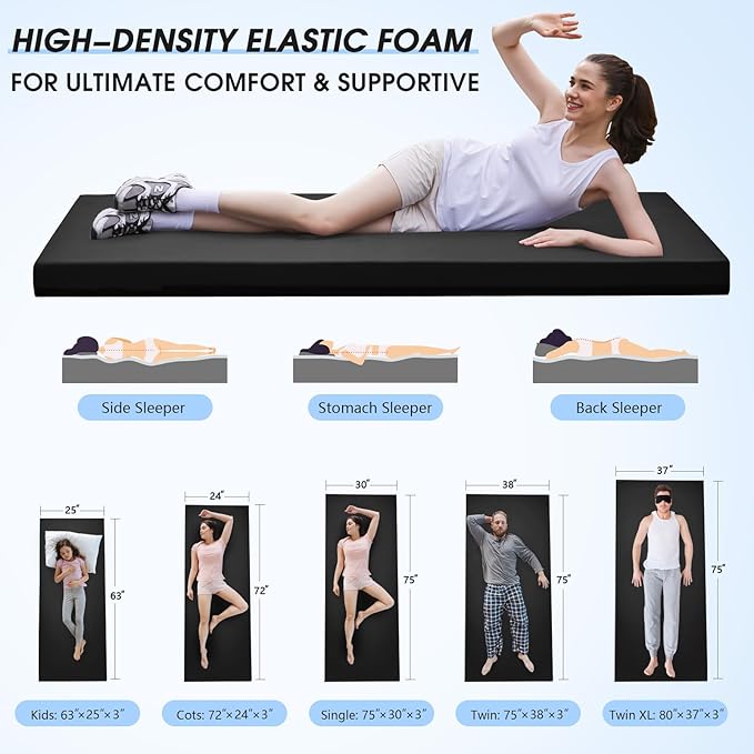 CYMULA Memory Foam Camping Mattress Pad,3inch Sleeping Pad for Camping,Non-Slip Bottom Floor Cot Car Mattress Bed with Retaining Portable Roll up Mattress Pad Mat for Travel Truck Guest Bed Tent