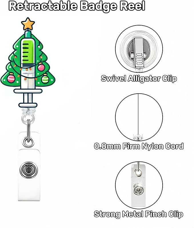 Christmas Badge Reel Xmas Tree Retractable Badge with Alligator Clip Christmas Badge Holder Needle Light String Design 360°Rotating ID Name Holder Clips for Student Nurses Teacher Office Party Favors