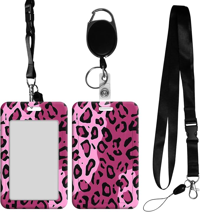 ID Badge Holder with Retractable Lanyard for Women & Men,Vertical ID Card Holder Wallet,Clear Window&Card Slot,Detachable Neck Strap for Nurse Teacher Office,Pink Leopard Print
