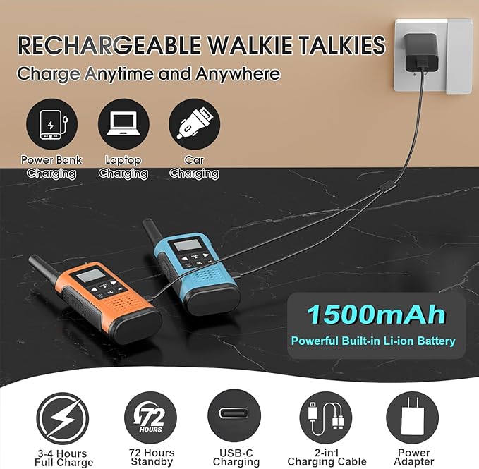 Walkie Talkies Long Range for Adults-2 Pack Rechargeable Walkie Talkies 22 FRS Channels 2-Way Radios with NOAA Weather Alert,VOX,Flashlight and 1500mAh Li-ion Battery for Family Camping Hiking