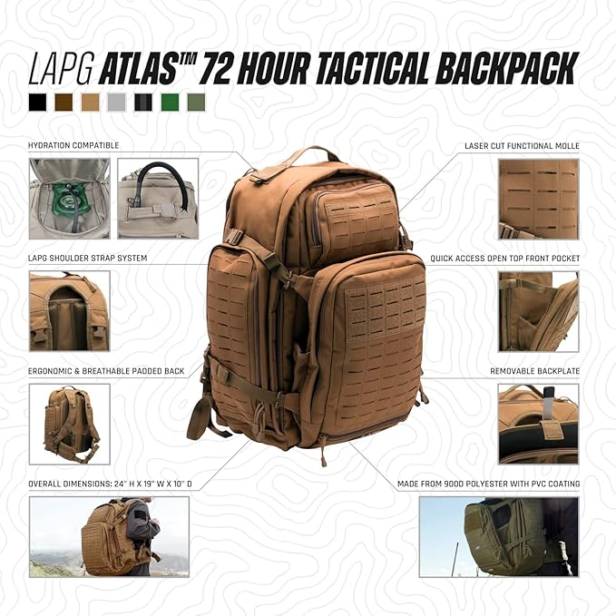 LA Police Gear LAPG Atlas 72 Hour Tactical Backpack for Men & Women, Large Bug Out Bag with MOLLE System, Hiking Hunting Combat Backpack, OD Green