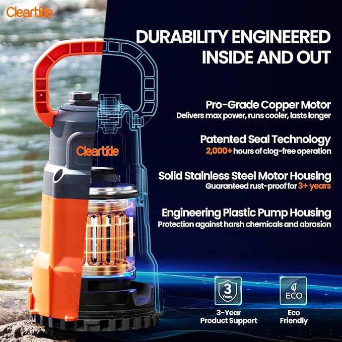 Cleartide Submersible Sump Pump, 1/3 HP Utility Water Pump for Pool Draining, Hot Tub, Basement,100% Copper Motor, Electric Drain Pump Handles 3/8" Solids, 10 FT Cord
