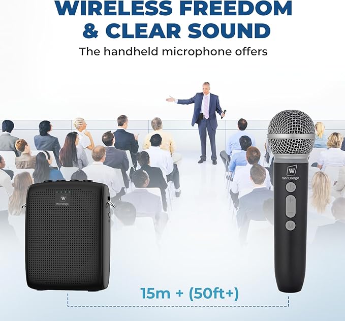 WinBridge Wireless Voice Amplifier with Microphone for Teachers, Portable PA System with Bluetooth Handheld Mic, Portable Speaker Mic Set, Cardioid Pickup for Classroom, Outdoor, Public Speaking WB009