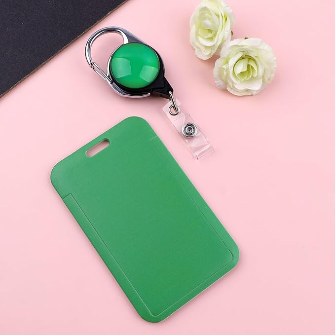 Green Retractable Badge Holder with Carabiner Clip, Durable Plastic ID Card Holder for Work, School, Events, Conferences - Retractable Reel Clip - Easy Access