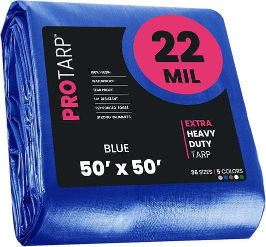 PROTARP Extreme Heavy Duty 22 Mil Tarp Cover, Waterproof, UV Resistant, Rip and Tear Proof, Poly Tarpaulin with Reinforced Edges for Roof, Camping, Patio, Pool, Boat. (Blue 50′ X 50′)