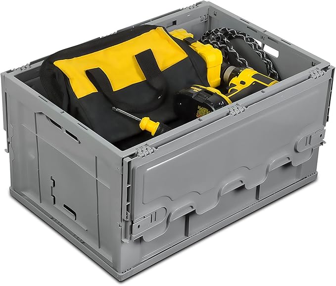 Mount-It! Folding Plastic Storage Crate, PACK OF 3, Collapsible Utility Distribution Container with Attached Lid, 65L Liter Capacity, Gray,