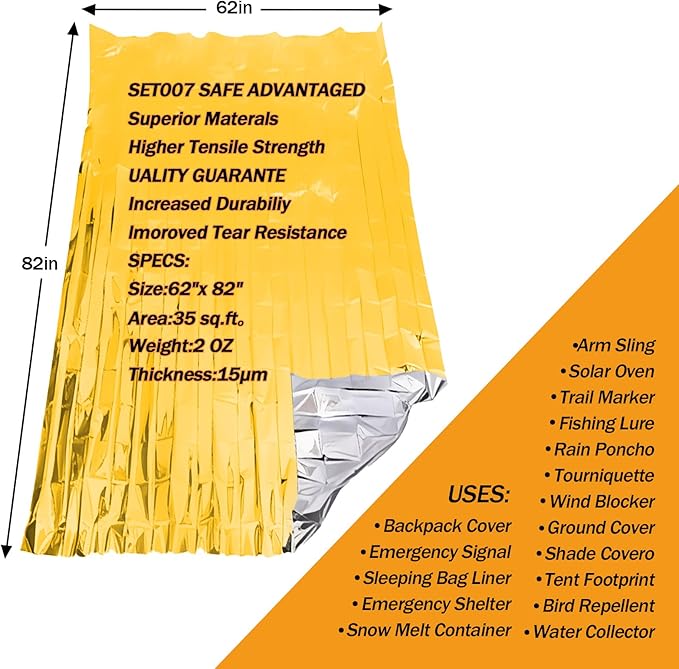 50 Pack Emergency Mylar Thermal Blankets - 82"x62" Waterproof Heat Reflective Blankets, Bulk Rescue Blanket for Survival, Camping, Marathons, Bug Out Bag, First Aid, Golden