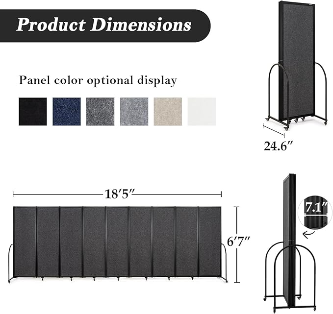 Folding Room Partition,Privacy Room Screen with Arms,Office Dividers Partition Wall,18'5"L* 6'7"H,Dark Grey