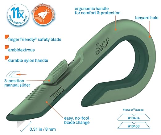 Slice Box Cutter, Heavy Duty Utility Knife, Safe Ceramic Blade Lasting 11x Longer than Metal, Sage, Combo Pack