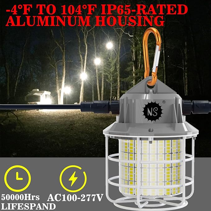 NS Heavy-Duty Linkable LED Work Light: 8700LM (500W Equivalent) w/ 13ft Cord & Outlet, US Plug - Indoor/Outdoor Use, Link Up to 24 Lights