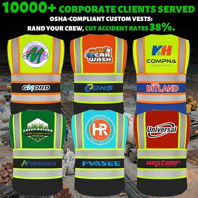 BeautyWill 10 Pack Custom Logo Safety Vest ANSI Class 2 High Visibility Reflective Vest Personalized Construction Vest Bulk