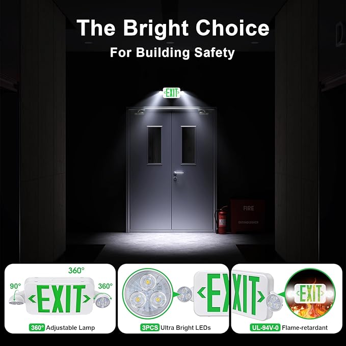 Led Exit Sign Emergency Light Combo Adjustable Two Head,Double Sided and Battery Backup Exit Light,Green Letter Hardwired Emergency Exit Sign,AC 120/277V,UL Listed,Ceiling&Wall Mount (6 Pack)