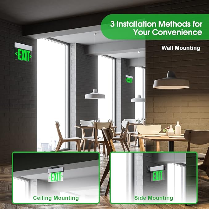 Green Led Edge Lit Exit Sign UL Listed, Brushed Aluminum Housing Double-Sides Mirrored Acrylic Emergency Exit Signs with Battery Backup, AC 120-347V Hardwired Exit Lights, Top/Side/Wall Mount (1 Pack)