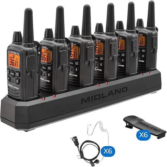 LXT600BBX6 Midland LXT600BBX6 FRS Business Walkie Talkies - Long Range 36-Channel Two-Way Radios with Headsets and Charging Base, NOAA Weather Alerts (6-Pack, Black)