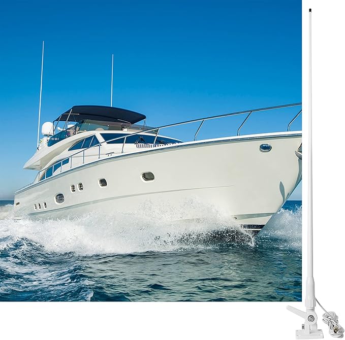 HYS VHF Marine Antenna Waterproof 3DBI 43.3inch Fiberglass Antennas W/22.9ft(7m) RG58 Low Loss Premium Coaxial Cable with PL259/ Built-in to Nylon Ratchet Mount