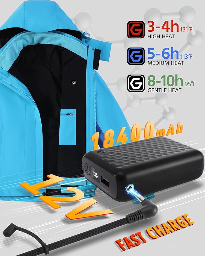 Wulcea 3-in-1 Graphene Heated Jacket For Women 12V 18400mAh Fast Charge With Large Capacity