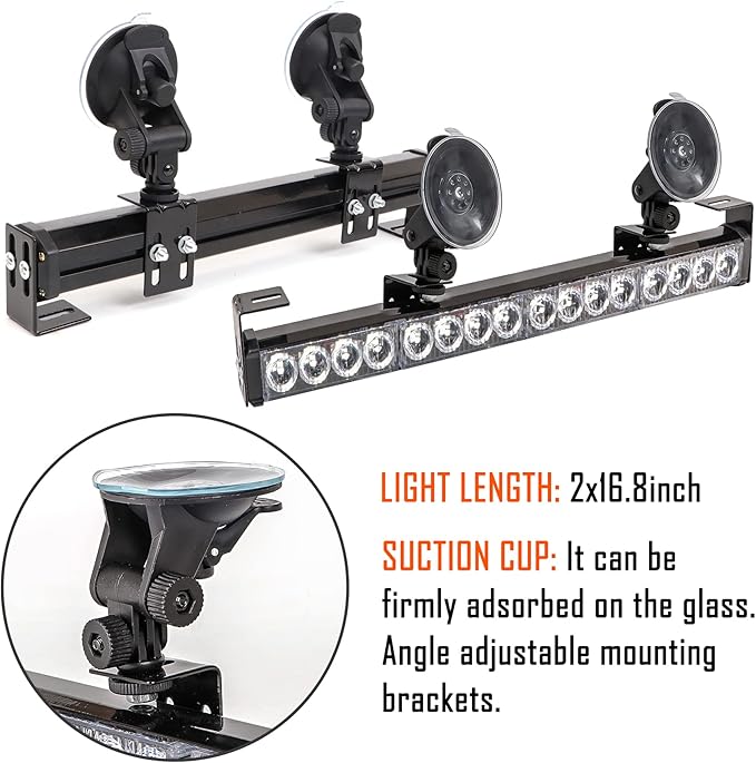 LE-JX 2×16.8 inch Emergency Strobe Light Bar Traffic Advisor Warning Hazard Windshield Safety Lights Bar 21 Flash Patterns with Cigar Lighter for Police Vehicles, Truck (Amber/White, 2 in 1)