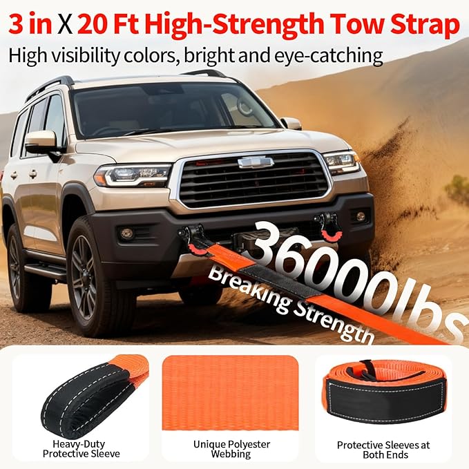 Heavy Duty Tow Strap Recovery Kit, 3" x 20'ft Tree Saver Winch Strap + 2 x3/4" D Ring Shackles + Storage Bag, Off Road Towing Strap Kit for Truck/SUV/ATV/RV