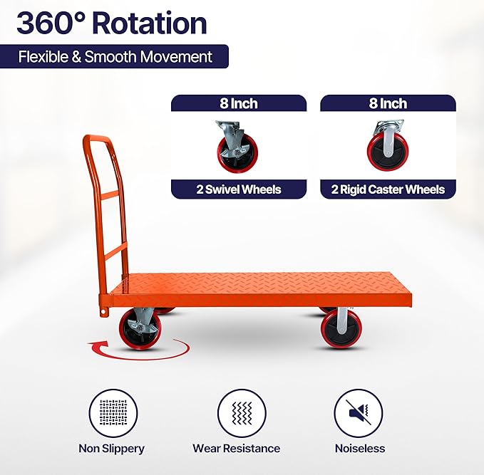 Platform Cart Industrial Dolly Cart Heavy Duty 60” x 30” Platform Hand Truck Push Cart Super Heavy Duty Diamond Plate Commercial Flatbed Cart with 3000Lb Capacity 8'' Moving Swivel Wheels (Orange)