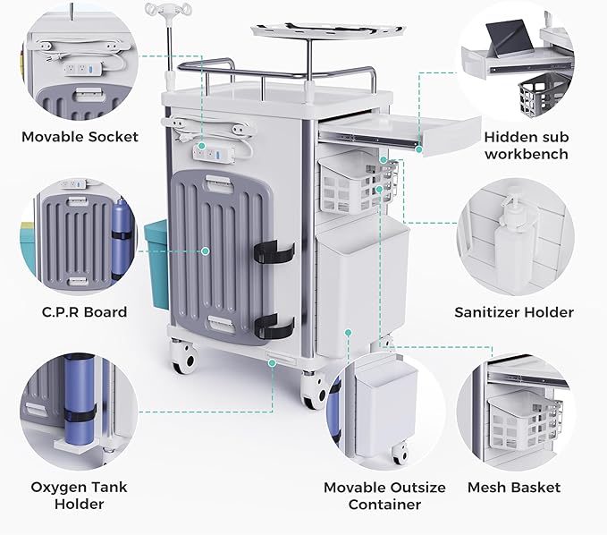 Medical Emergency Rolling Crash Cart with Drawers - Adjustable IV Pole, Silent Casters, Needle Disposal Holder, Trash Bin, O2 Holder, Nursing Trolley Cart for Clinic, Hospital, Salon