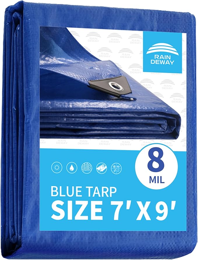 Blue Tarp 7x9 Feet 8 Mil, UV Resistant, Durable, Multipurpose Waterproof Poly Tarp Cover with Metal Grommets and Reinforced Edges by RAINDEWAY