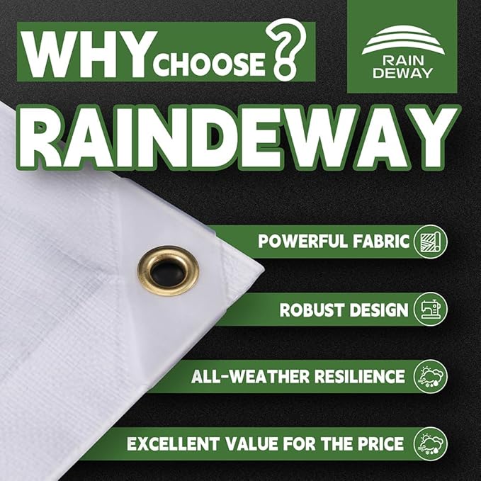RAINDEWAY White Tarps 10x14 Feet,Heavy Duty Waterproof, 12 Mil Thick,UV Resistant, Weatherproof Poly Canopy Tarp,Camping,Carport,Finished Size