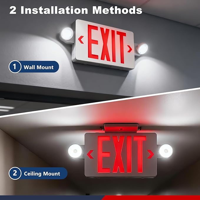 Exit Sign with Emergency Lights,LED Emergency Exit Light with Battery Backup,AC 120/277V, Commercial Emergency Lights Combo for Business Wall Or Ceiling Mount ETL Listed 1 Pack