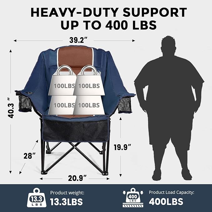 Oversized Folding Camping Chair for Adults Heavy Duty Padded Outdoor Chairs Big and Tall XL Picnic Chair with Cup Holders 400lb Capacity, Comfy for Lawn Sports and Outside Use