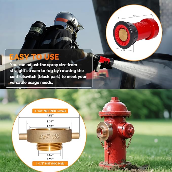 Upgraded Fire Hose 100 FT x 1-1/2" ID, M × F NST/NH Brass Couplings, Fire Hydrant Adapter, Fire Hose Nozzle, Working Pressure 430 PSI, Burst Pressure 1300 PSI, Home, Garden Irrigation