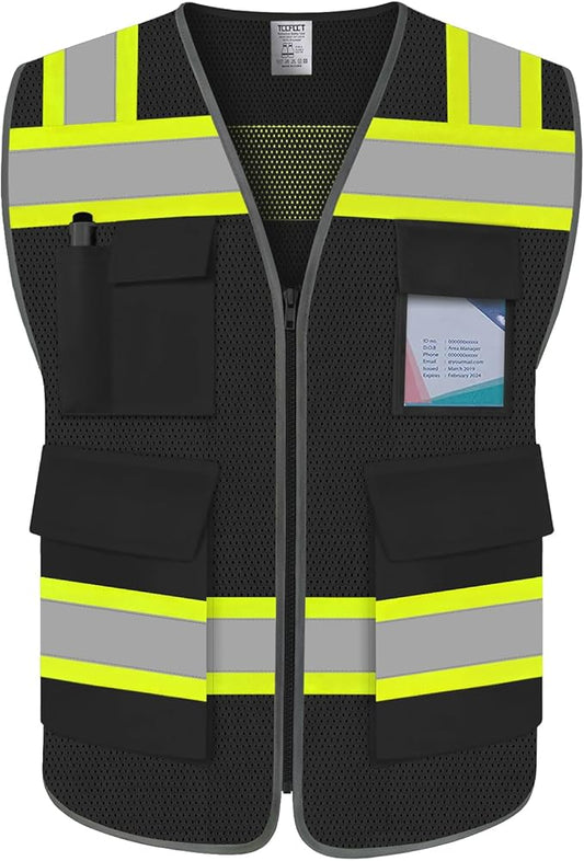 TCCFCCT Safety Vest for Men Women 5 Pockets Mesh High Visibility Reflective Vest with Reinforced Zipper, Durable Construction Work Vest with Fluorescent Orange Edge, Meets ANSI/ISEA, DW-Black, 5XL