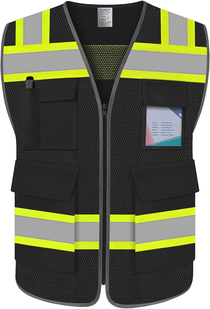 TCCFCCT Reflective Safety Vest With 5 Pockets for Men Women - High Visibility Construction Mesh With Zipper and Neon Yellow Extended Edge - Meets ANSI/ISEA, DW-Black, M