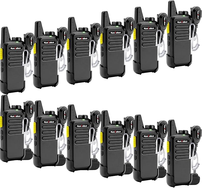 Radios Walkie Talkies Long Range: MaxTalker 12 Pack MT1 Portable FRS Two Way Radios Long Range with Earpiece VOX License-Free Rechargeable Walkie Talkies for Adults School Restaurant Business Hiking