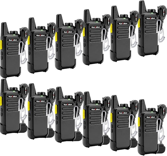 Radios Walkie Talkies Long Range: MaxTalker 12 Pack MT1 Portable FRS Two Way Radios Long Range with Earpiece VOX License-Free Rechargeable Walkie Talkies for Adults School Restaurant Business Hiking
