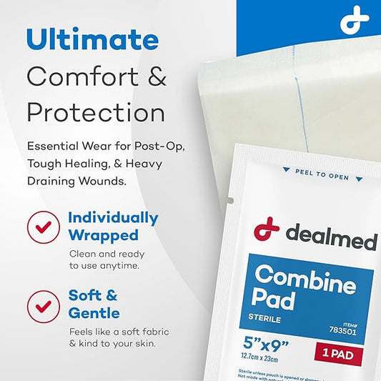 Dealmed Abdominal Combine Pads 5"x9" (20-Pack) Sterile Individually Wrapped, ABD Pads, Absorbent, Non Adherent for Wound Care, Drainage, First Aid, 20/Box (1 Pack)