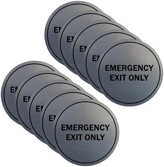 Signs ByLITA Circle Emergency Exit Only Sign (Brushed Silver) - Small 10 Pack