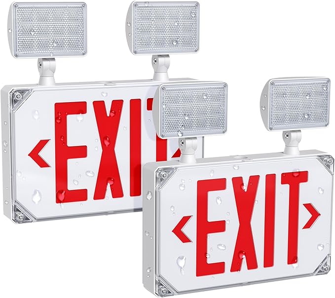 Wet Location Exit Sign with Emergency Lights,Exterior Red LED Exit Light Combo,Double Side Emergency exit sign with Battery Backup,Outdoor Waterproof Hardwired Exit Light,Two Adjustable Heads,120/277VAC,UL Listed (2 Pack)