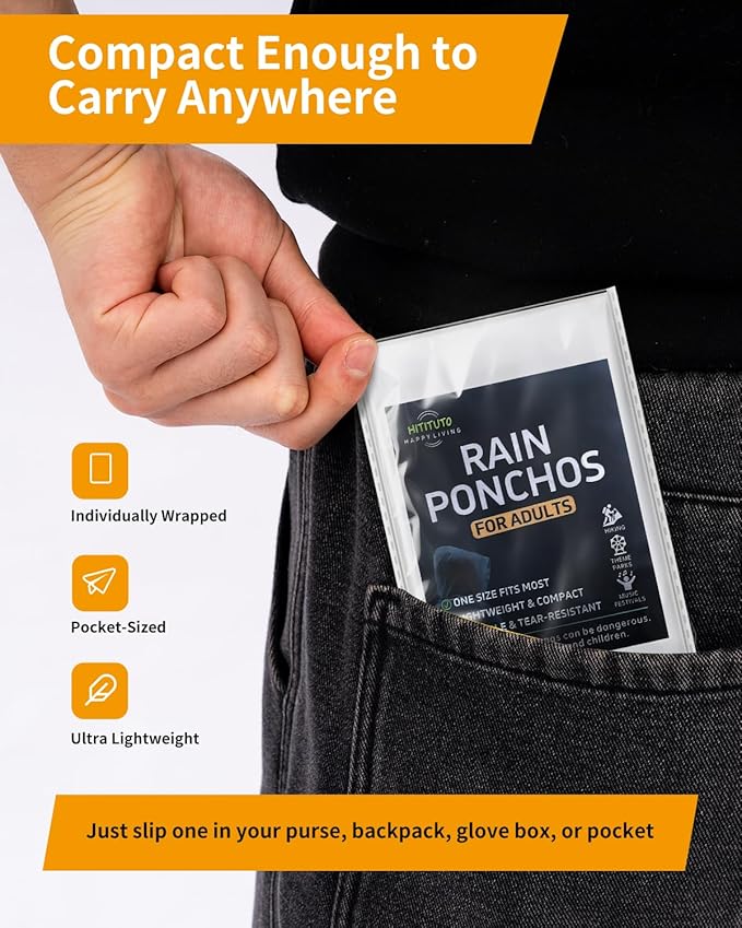 Hitituto Rain Ponchos for Adults - Extra Long Emergency Poncho with Hood, 6/12/24 Family Pack Raincoat, Home Survival Kits