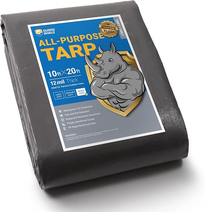 GUARD SHIELD Heavy Duty Tarp Waterproof 10x20 Feet Grey Large Outdoor Tarps Cover 12mil