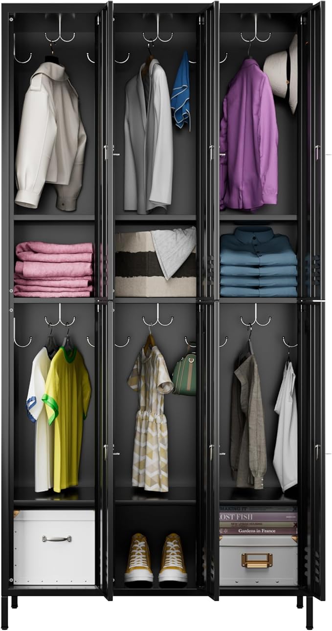 Metal Lockers for Employees with 6 Doors and 18 Hooks, 72”H Storage Locker with Card Slot for Office Gym School Bedroom, Black, Assembly Required