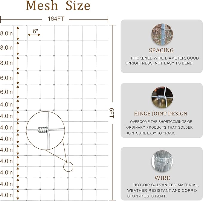 Farm Fence 6ft x 164ft Heavy Zinc Coating Cattle Deer Goat Fence,Galvanized Field Wire Fencing,Hog Wire Fencing for Yard Livestock & Animals Protection