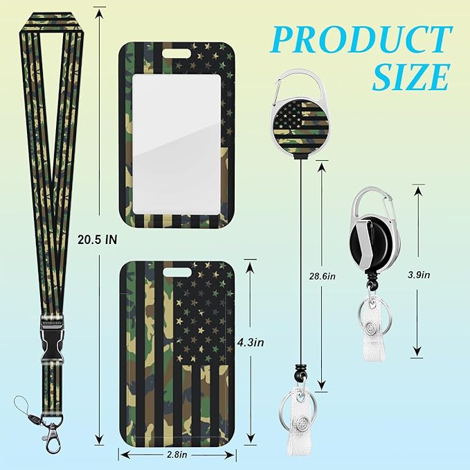 Badge Holder Army Lanyard American Flag USA Camo lanyard for Keys Patriotic Retractable Badge Reel Clip Lanyard Name Card Vertical ID Protector ID Card Holder Keychain Name Badge Clip for Women Men