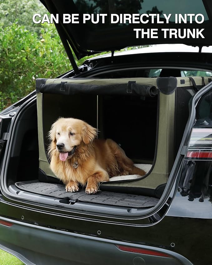 24 Inch Collapsible Travel Dog Crate for Medium Large Dogs, Portable Dog Crate 4-Door Foldable Soft Kennel with Durable Mesh Windows for Indoor & Outdoor Travel, with Storage Bag,Green