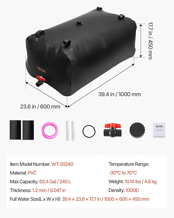 VEVOR Water Storage Bladder, 63.4 Gallon (240L) Water Storage Container Tank, 1000D PVC Large Capacity Soft Bag Bladder, Collapsible Portable for Garden Irrigation, Camping, RVs, Emergency Use - Black