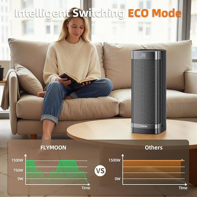 Flymoon Space Heater for Indoor Use, 1500W Portable Heater with Remote, Overheat & Tip-Over Protection, Electric Heater with 60° Oscillation, 12H Timer for Office Large Room RV