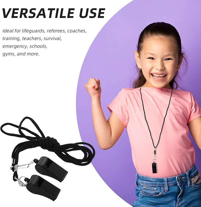 2pcs Black Sports Whistles with Lanyard Loud Crisp Sound Emergency Survival Whistle for Coaches Referees Officials Portable Lightweight Safety Signal