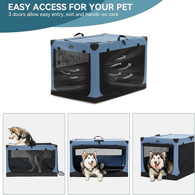 PETSFIT Soft Dog Crate, with Patented Adjustable Fabric Cover, Chewproof & Lockable Mesh Doors, Waterproof Base Collapsible Kennel Blue 40 Inch